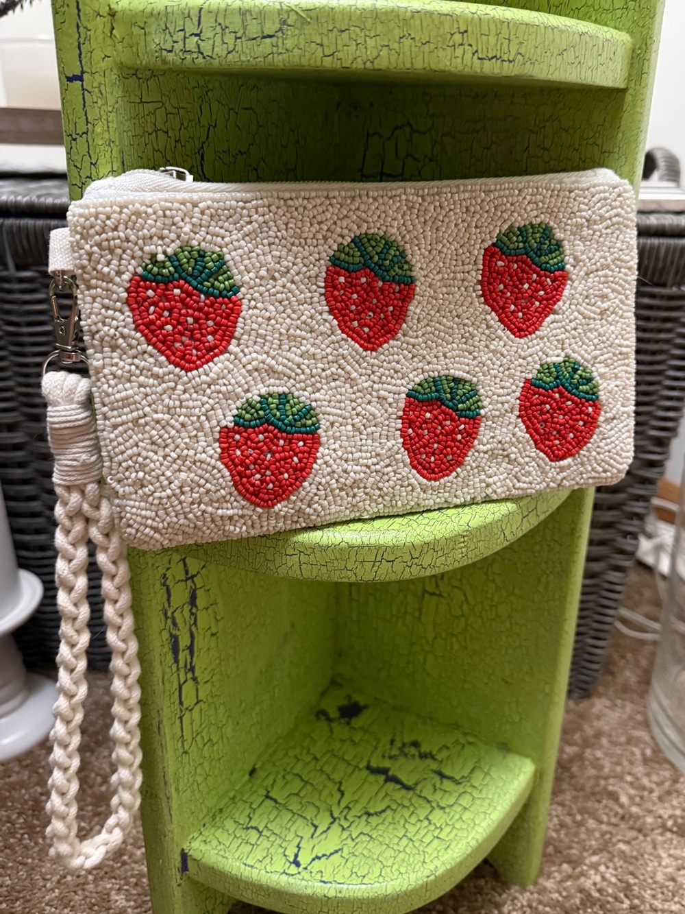 Hand Beaded Strawberry Design Wristlet Clutch Cream & Red Made in India